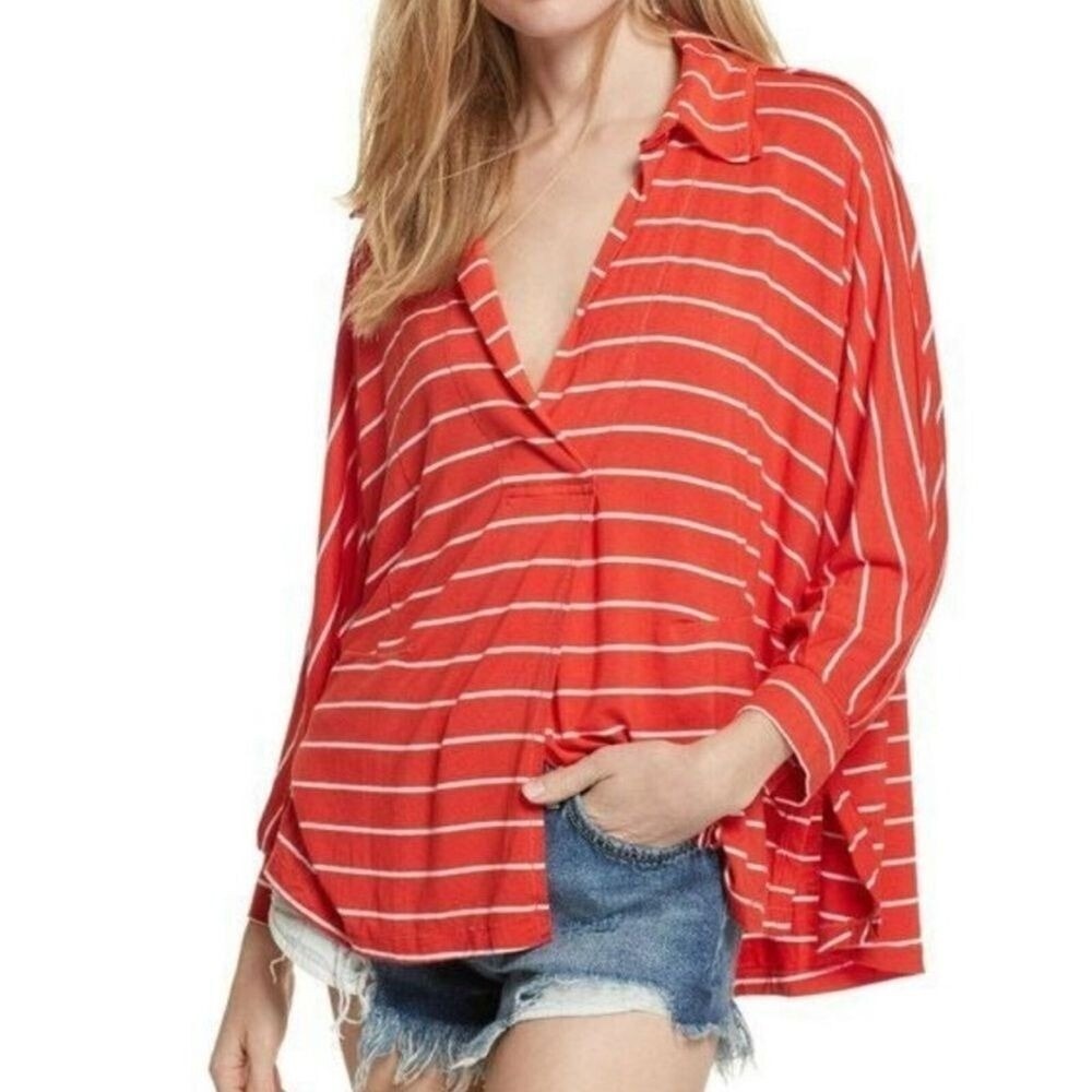 Free People We the Free Can't Fool Me High Low Striped Tunic Blouse Size medium